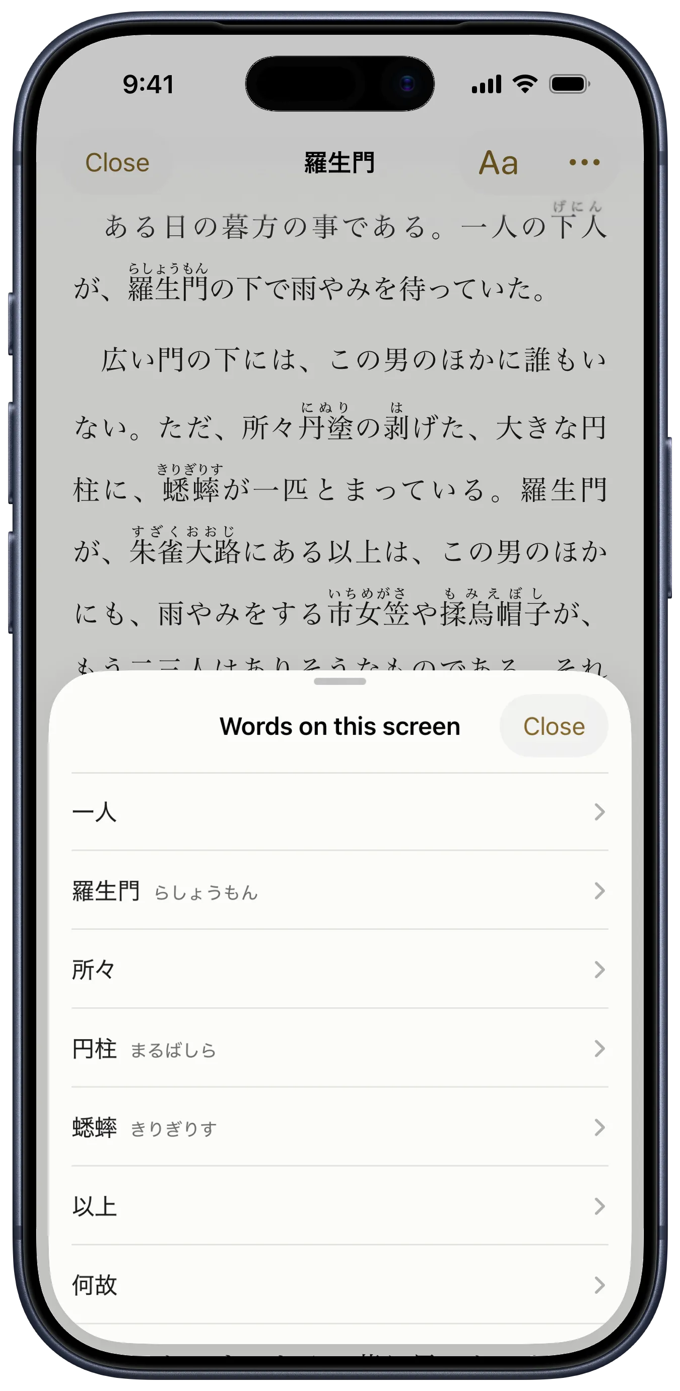 yodaka’s reader with the “Words on this screen” list open over Akutagawa’s “Rashōmon”